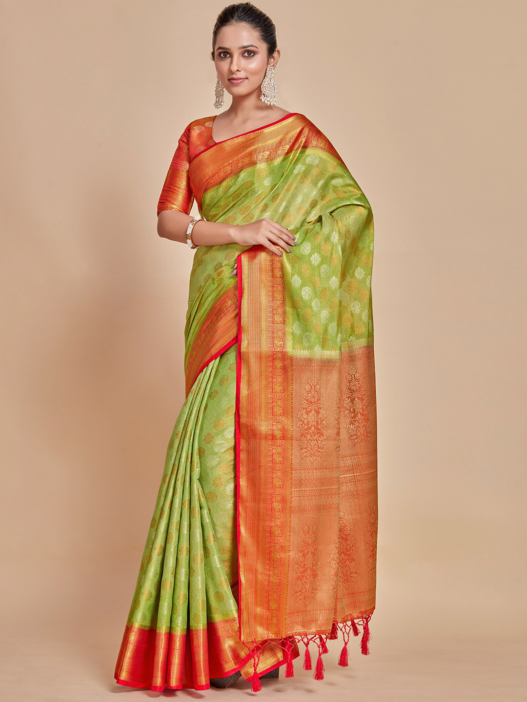 

MIMOSA Ethnic Motif Woven Design Zari Kanjeevaram Saree, Lime green