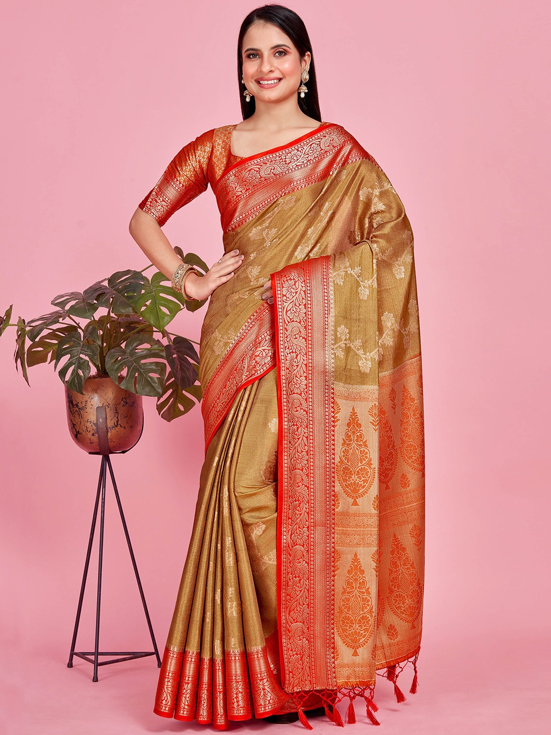 

MIMOSA Floral Woven Design Zari Kanjeevaram Saree, Brown