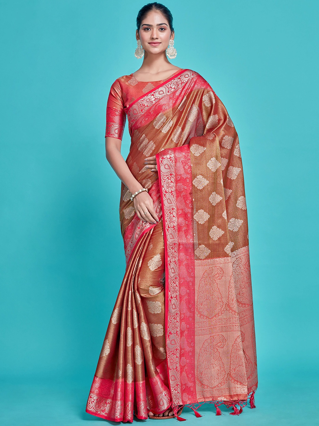 

MIMOSA Ethnic Motifs Woven Design Zari Kanjeevaram Saree, Maroon