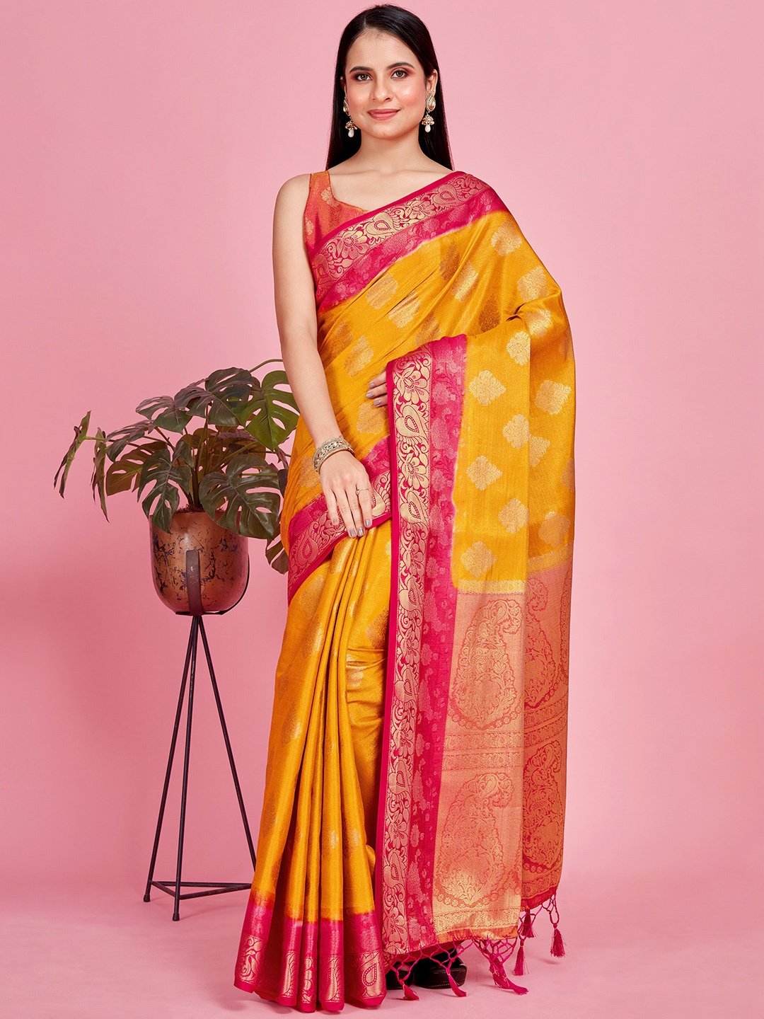 

MIMOSA Ethnic Motifs Woven Design Zari Kanjeevaram Saree, Mustard