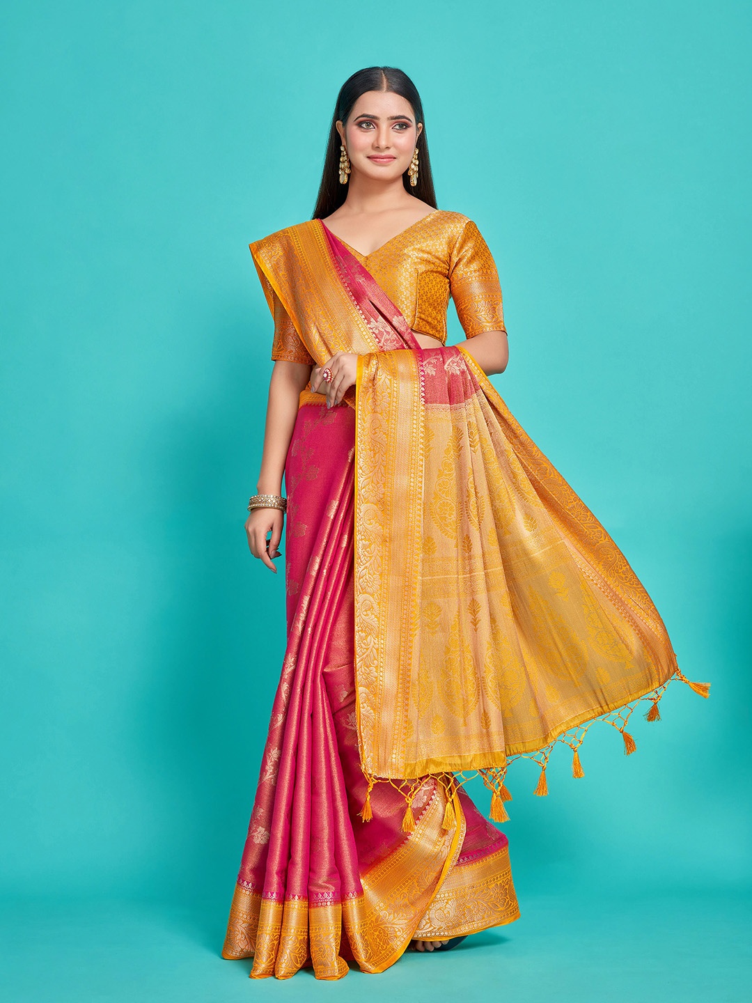 

MIMOSA Floral Woven Design Zari Art Silk Kanjeevaram Saree, Pink