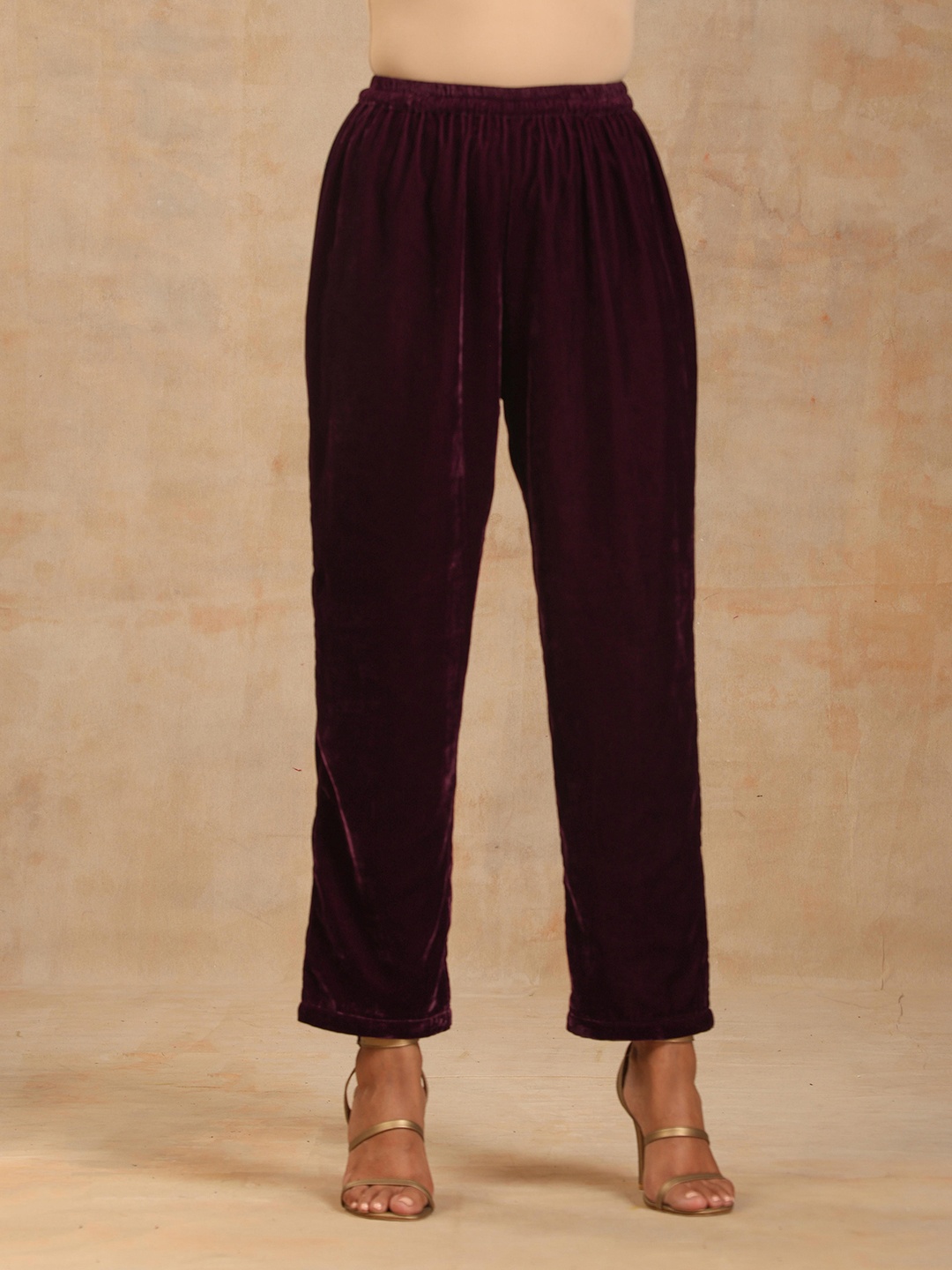 

trueBrowns Women Straight Fit Velvet Regular Trouser, Burgundy