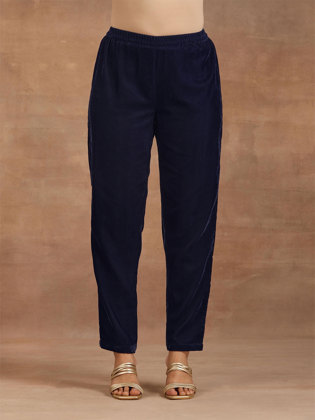 

trueBrowns Women Mid Rise Velvet Trousers, Navy blue
