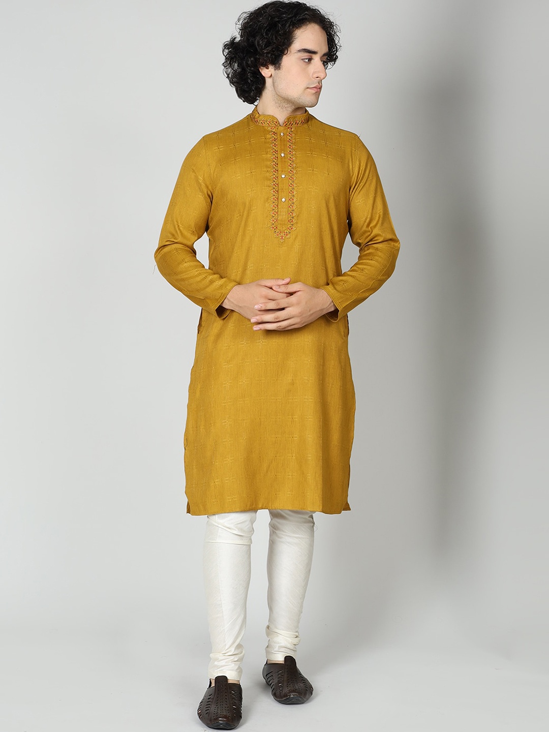 

MAAHI FABS Woven Design Thread Work Straight Cotton Kurta, Yellow