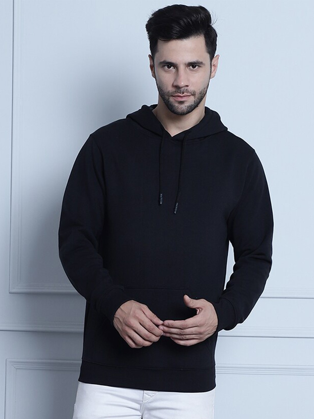 

DOOR74 Long Sleeves Cotton Terry Hood Pullover Sweatshirt, Black