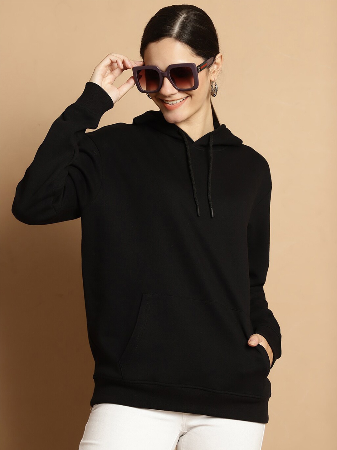 

DOOR74 Long Sleeves Cotton Terry Hood Pullover Sweatshirt, Black