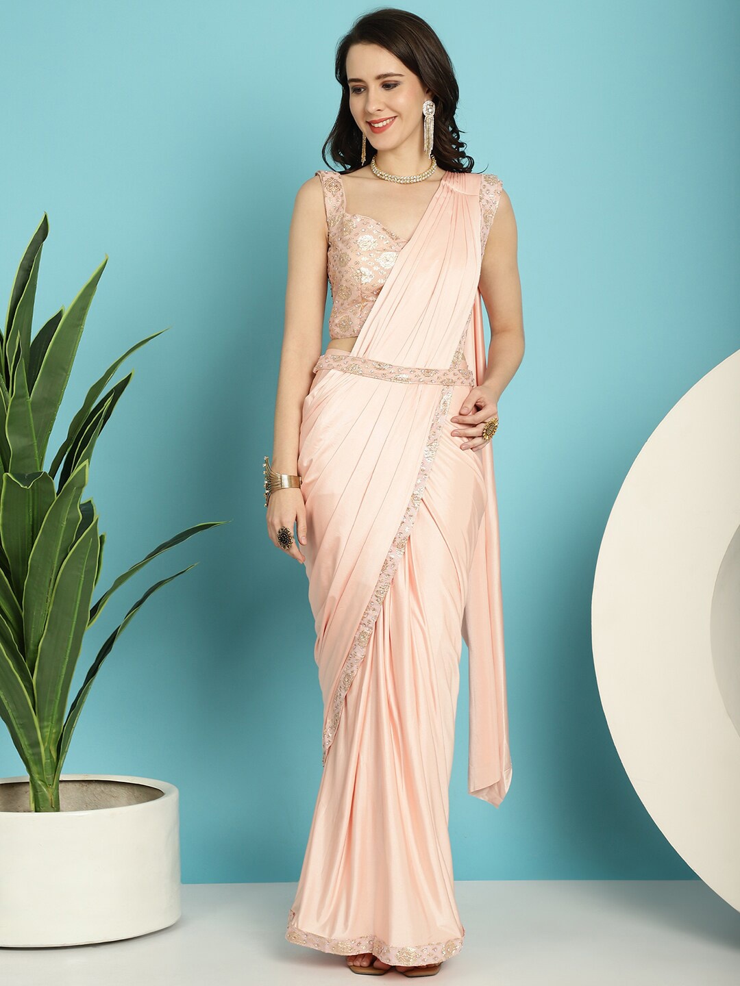 

Mitera Peach-Coloured Ready to Wear Leheriya Saree