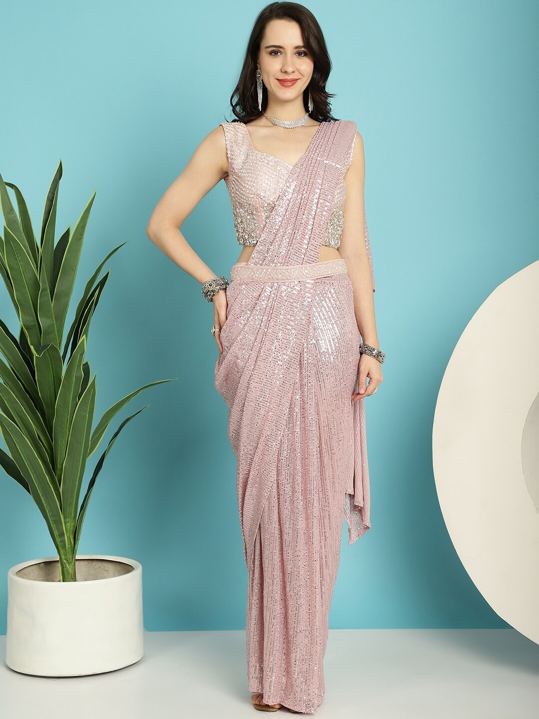 

Mitera Pink Embellished Ready to Wear Leheriya Saree