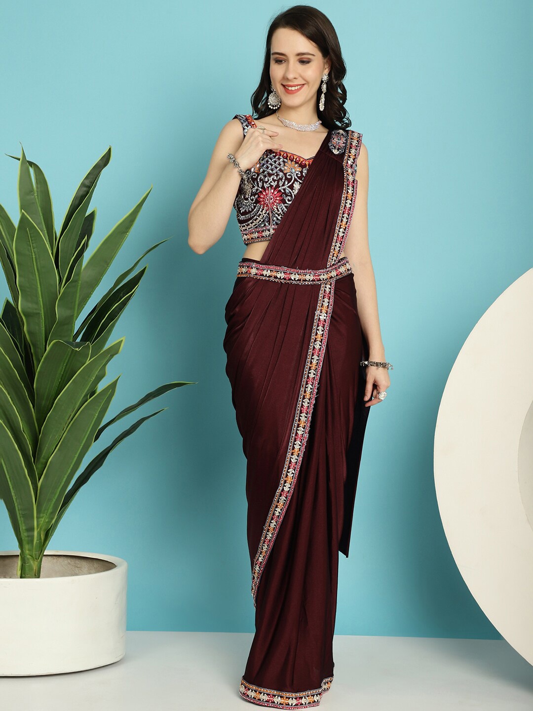 

Mitera Maroon Embellihsed Ready to Wear Leheriya Saree
