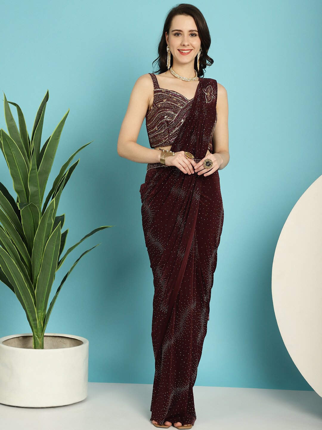 

Mitera Maroon Ready to Wear Leheriya Saree