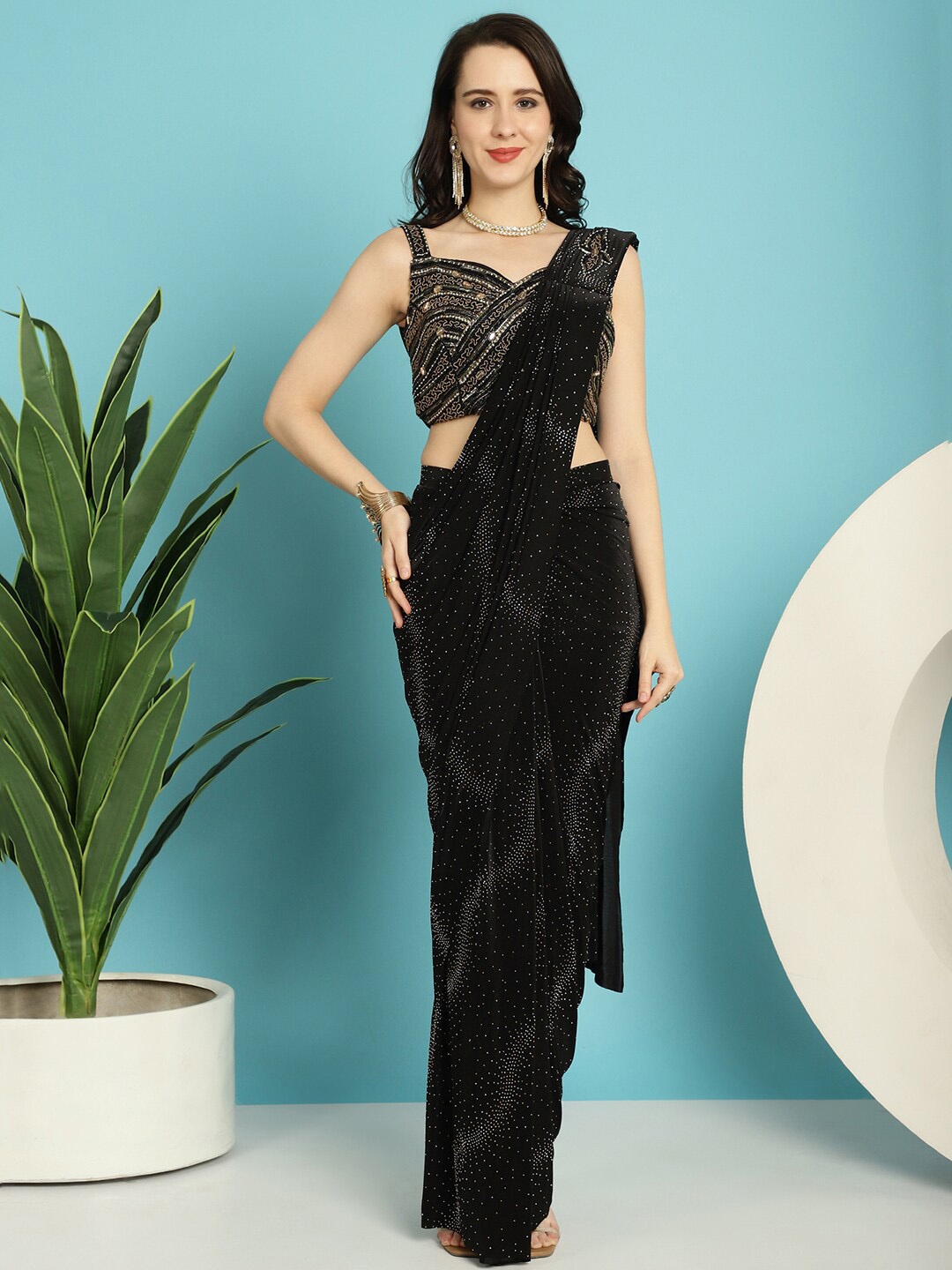 

Mitera Black Embellished Beads and Stones Ready to Wear Saree With Stitched Blouse