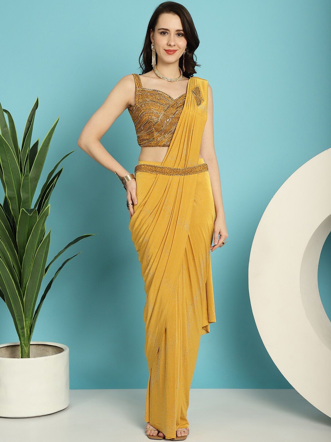 

Mitera Yellow Embellished Beads and Stones Belted Ready to Wear Saree With Stitched Blouse