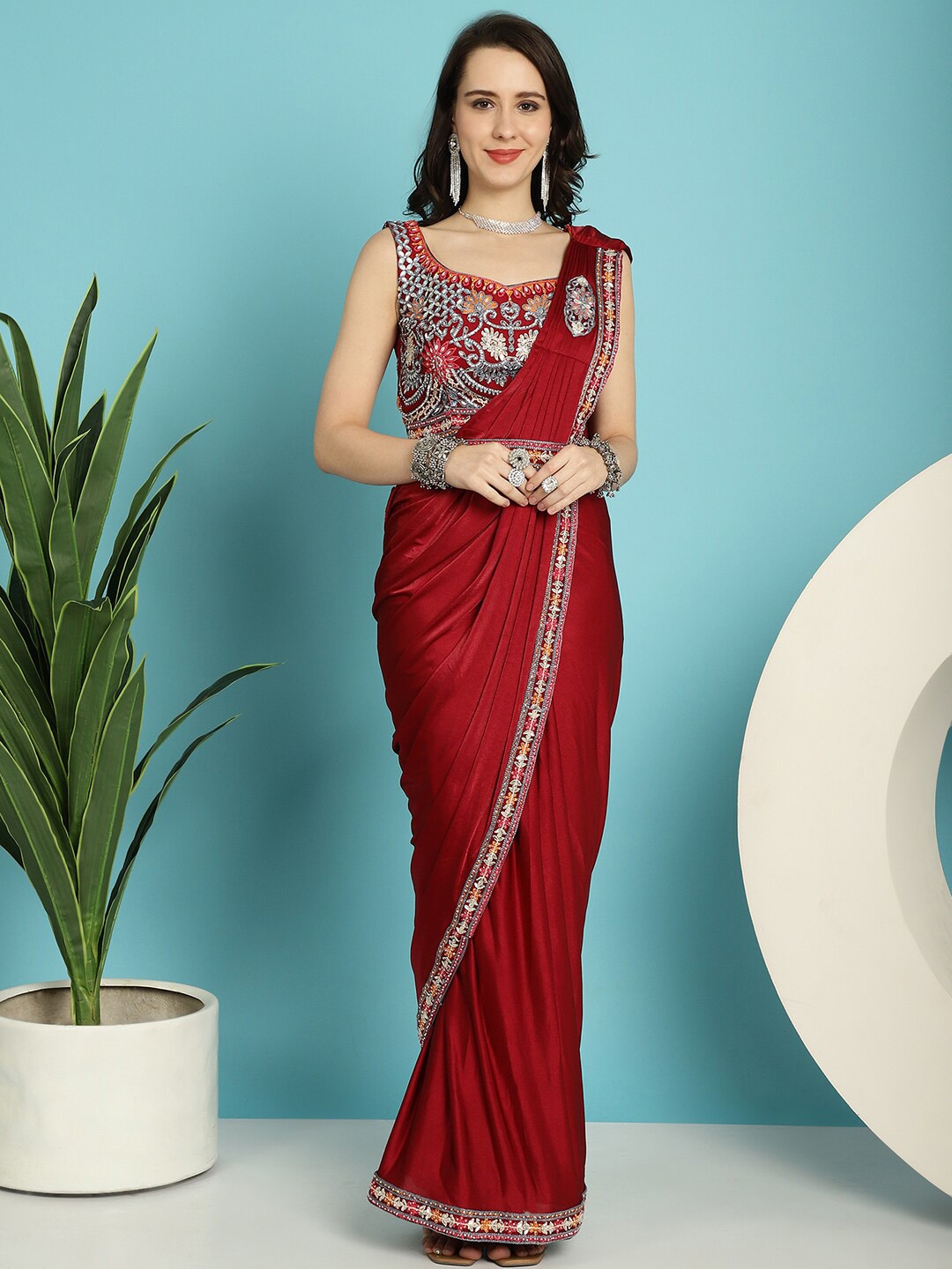 

Mitera Maroon Beads and Stones Belted Ready to Wear Saree With Stitched Blouse