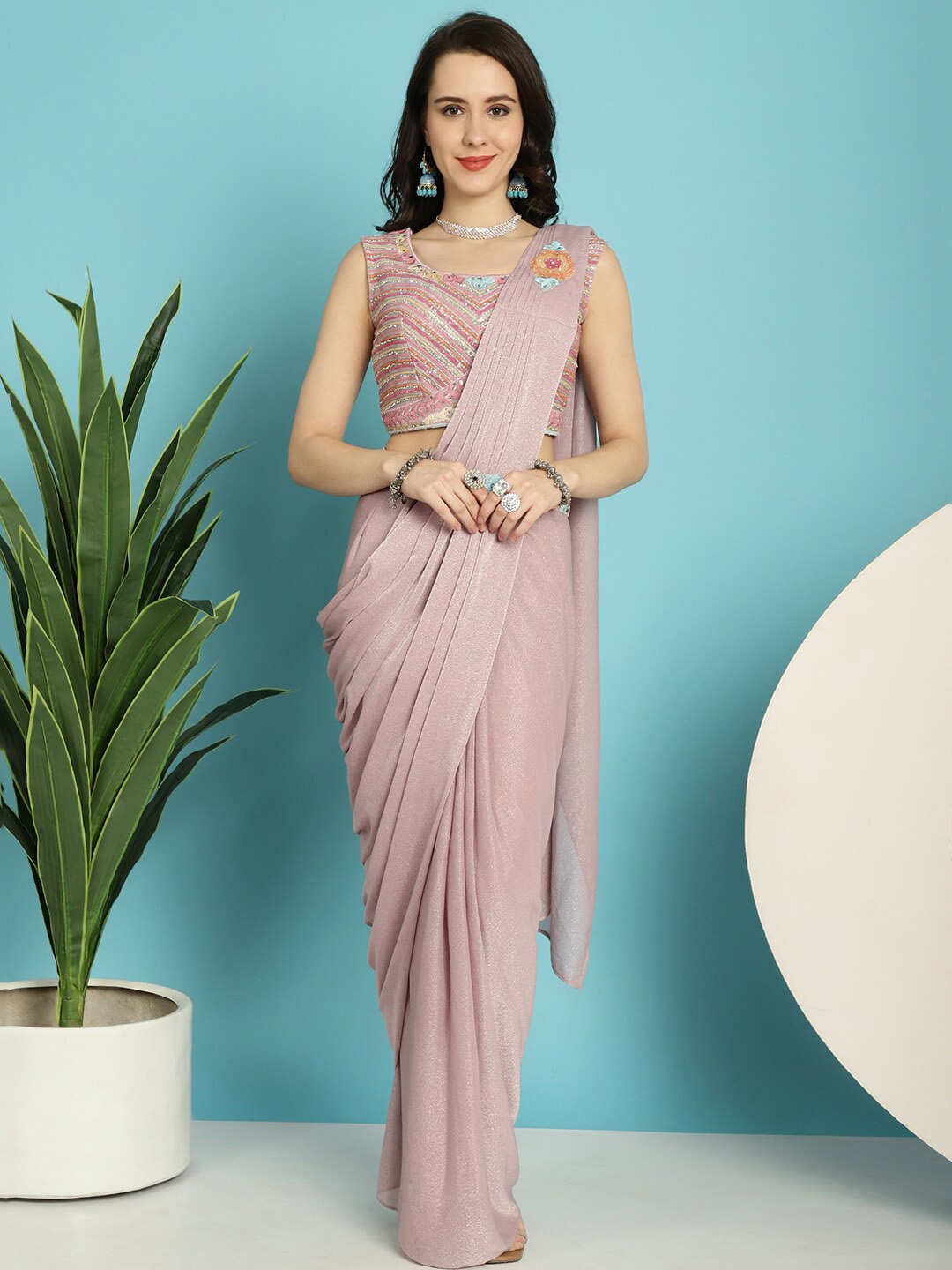 

Mitera Pink Embroidered Belted Ready to Wear Saree With Stitched Blouse