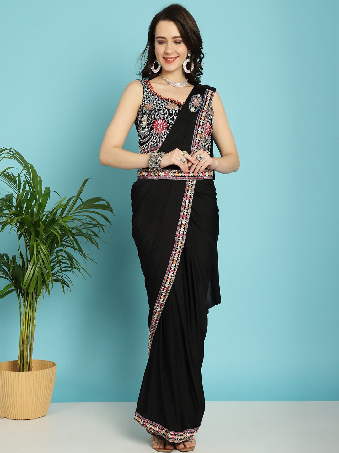 

Mitera Black Beads and Stones Belted Ready to Wear Saree With Stitched Blouse