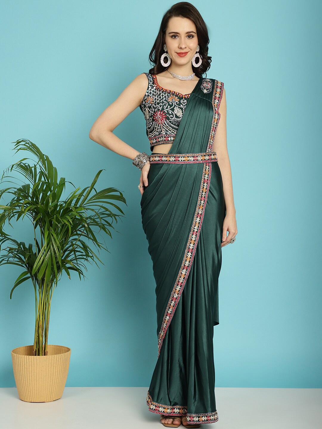 

Mitera Green Embroidered Ready To Wear Saree With Stitched Blouse