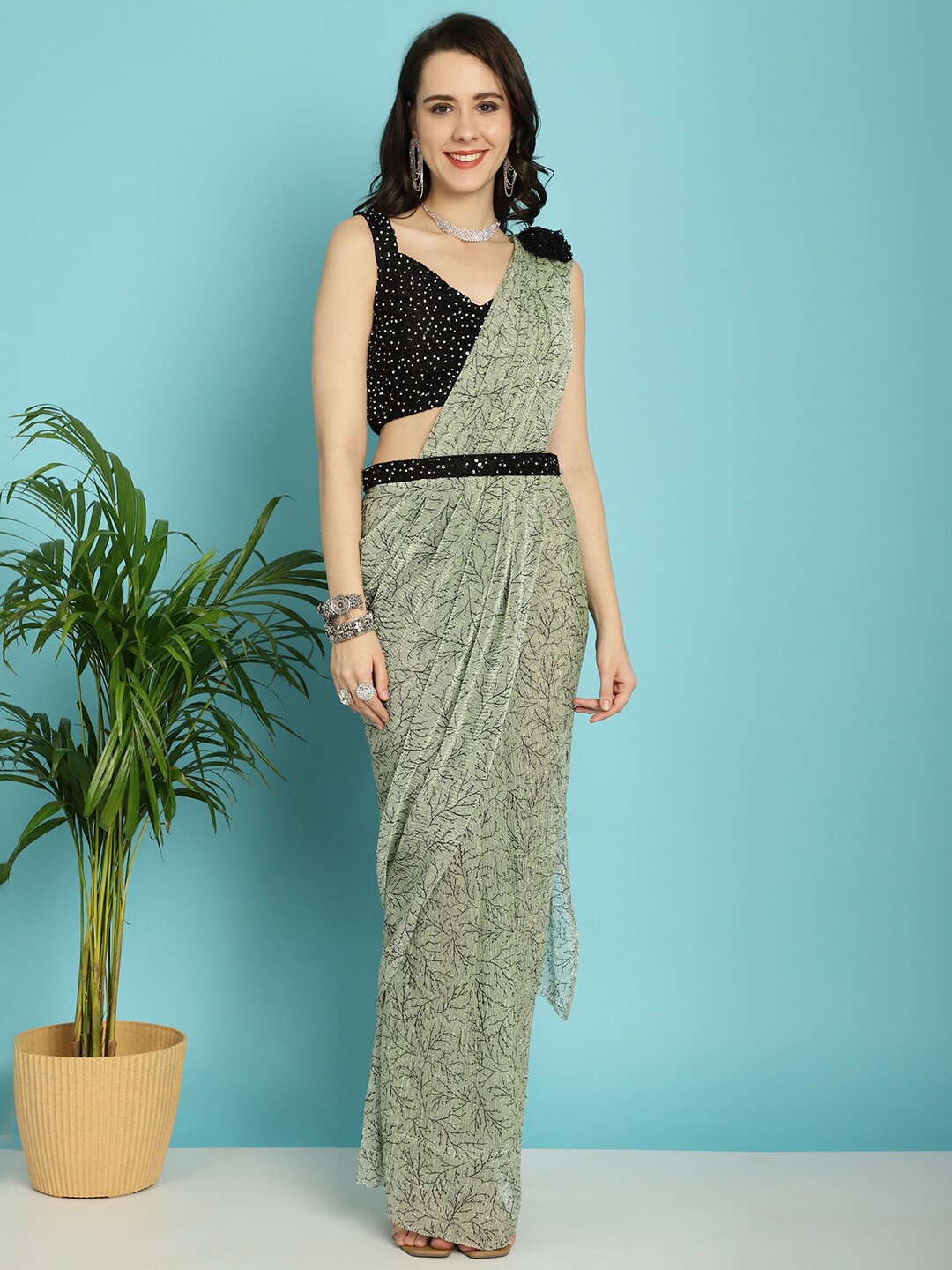 

Mitera Green Embellished Ready To Wear Saree With Stitched Blouse