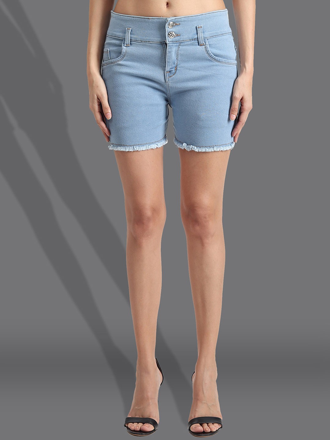 

A-Okay Women Slim Fit High-Rise Frayed Denim Shorts, Turquoise blue