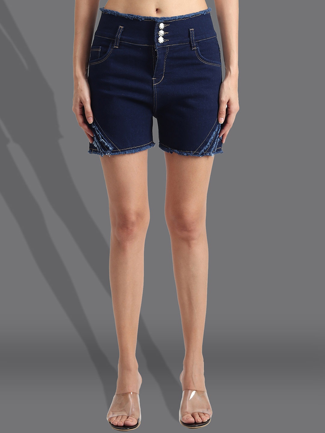 

A-Okay Women Slim Fit High-Rise Stretchable Denim Shorts, Navy blue