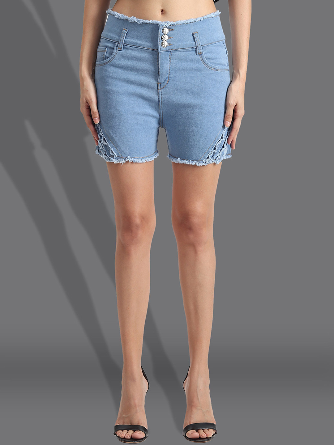 

A-Okay Women Slim Fit High-Rise Stretchable Denim Shorts, Turquoise blue