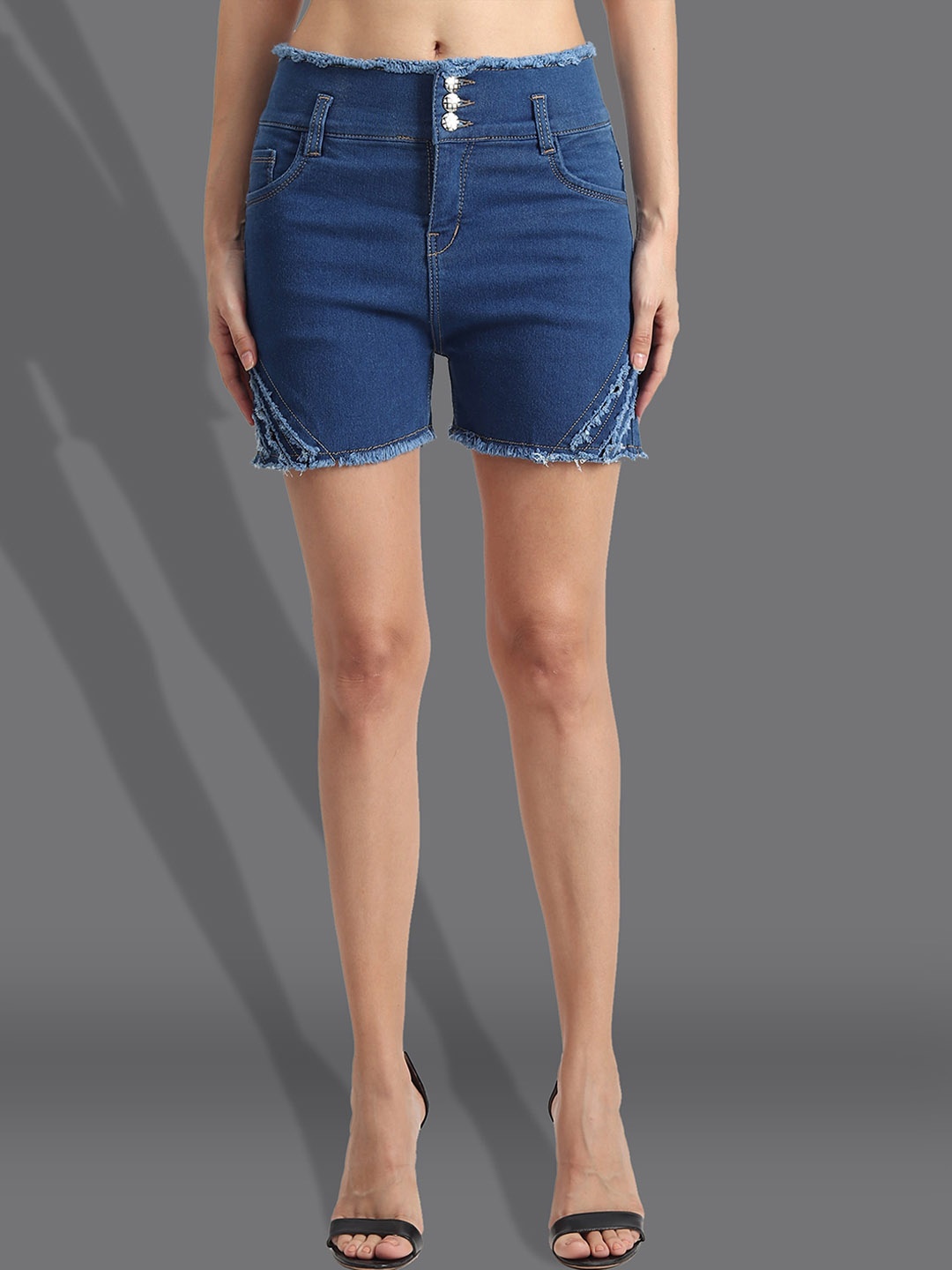 A-Okay Women Slim Fit High-Rise Frayed Denim Shorts, Blue
