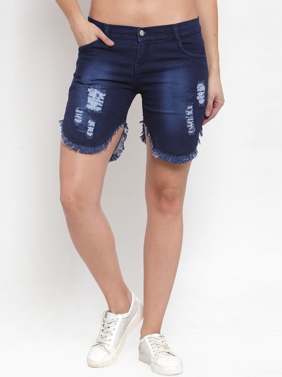 

A-Okay Women Slim Fit Mid-Rise Stretchable Denim Shorts, Navy blue