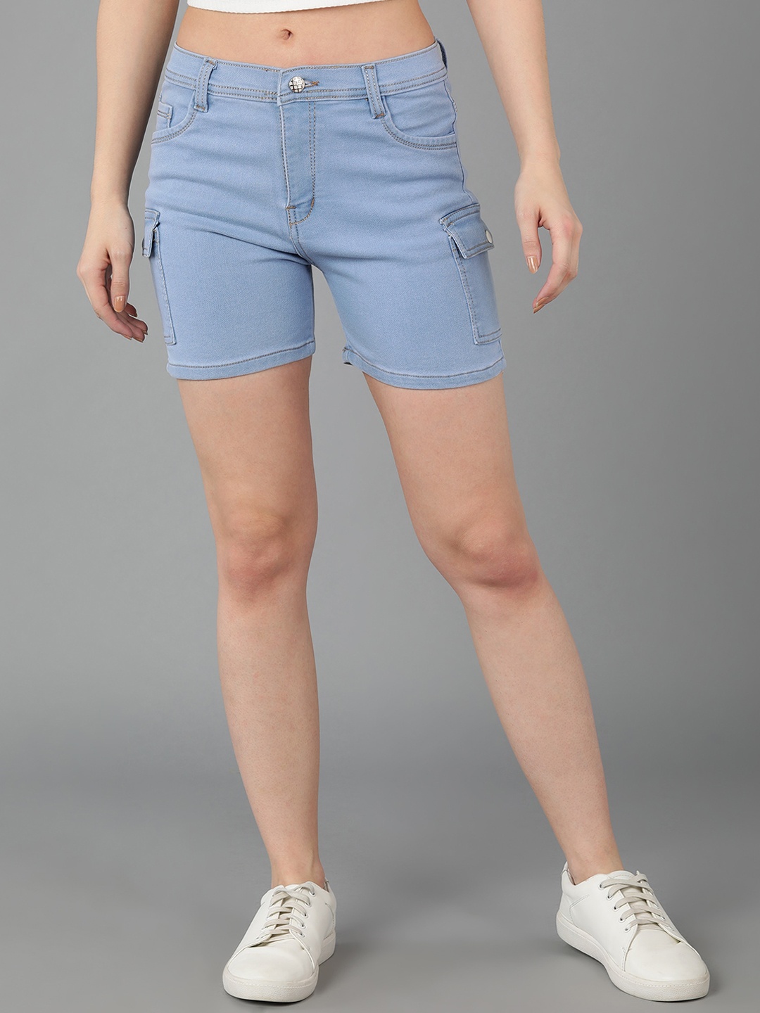 

A-Okay Women Slim Fit High-Rise Cargo Styles Denim Shorts, Turquoise blue