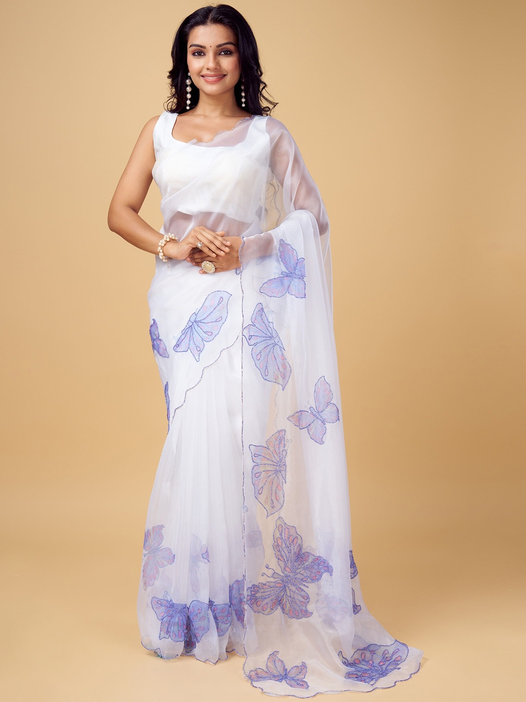 

Anouk White & Blue Floral Printed Beads and Stones Organza Saree