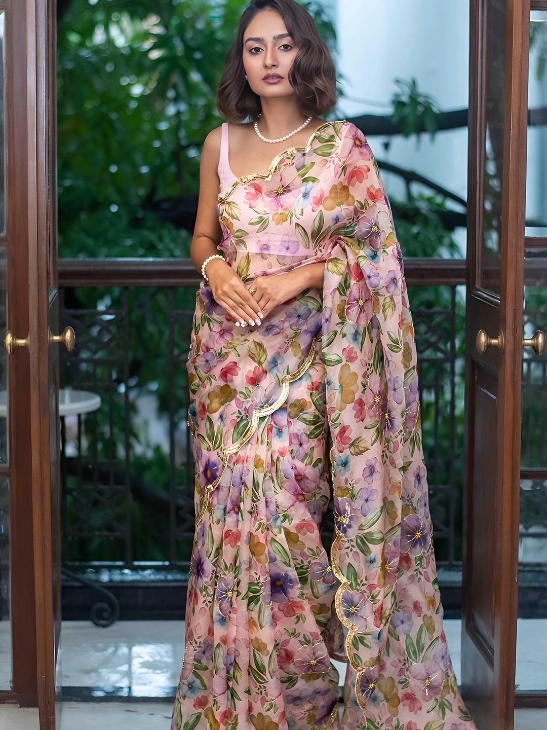 

Anouk Pink & Green Floral Printed Gotta Patti Organza Saree