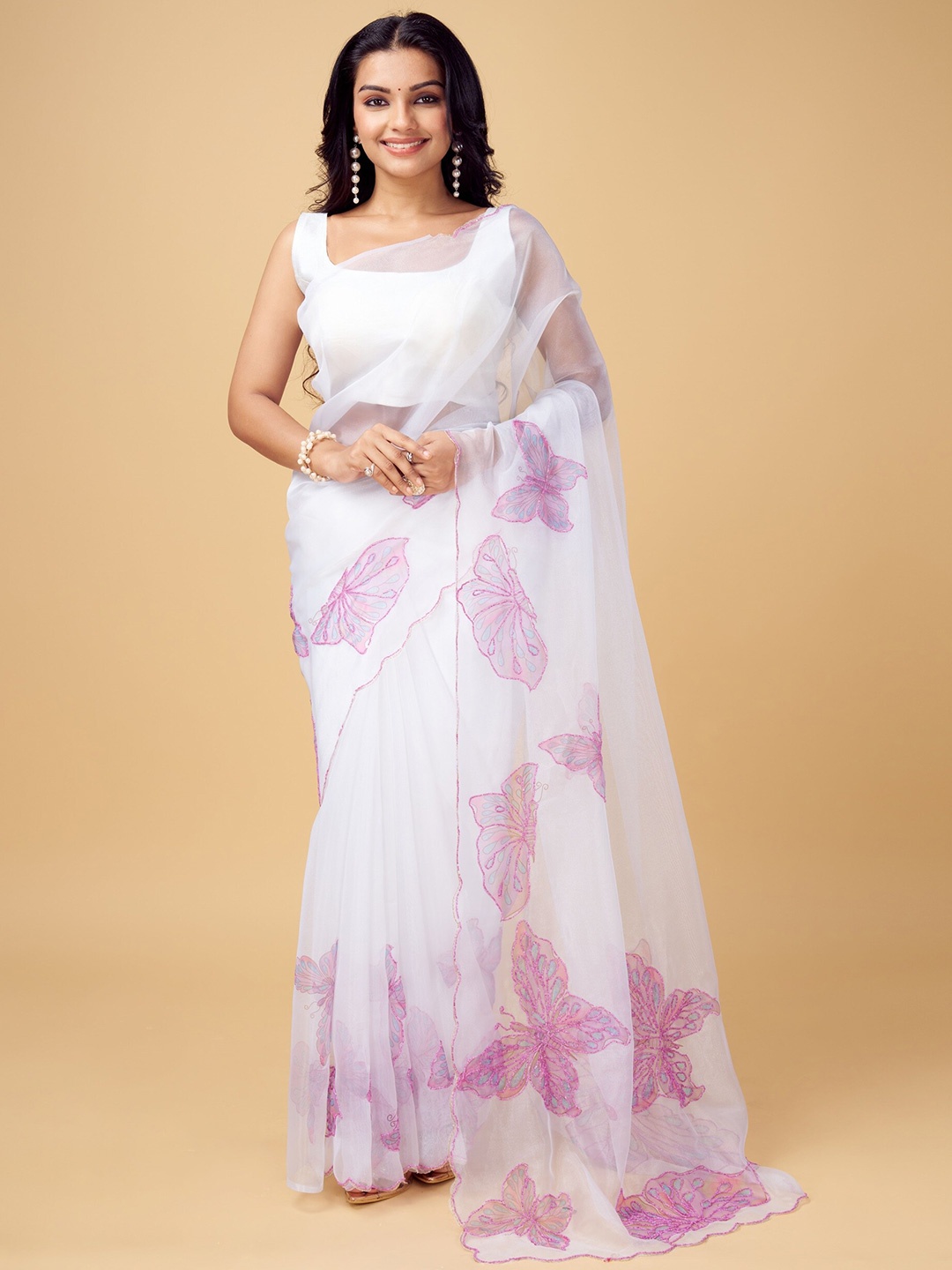 

Anouk White & White Floral Printed Beads and Stones Organza Saree