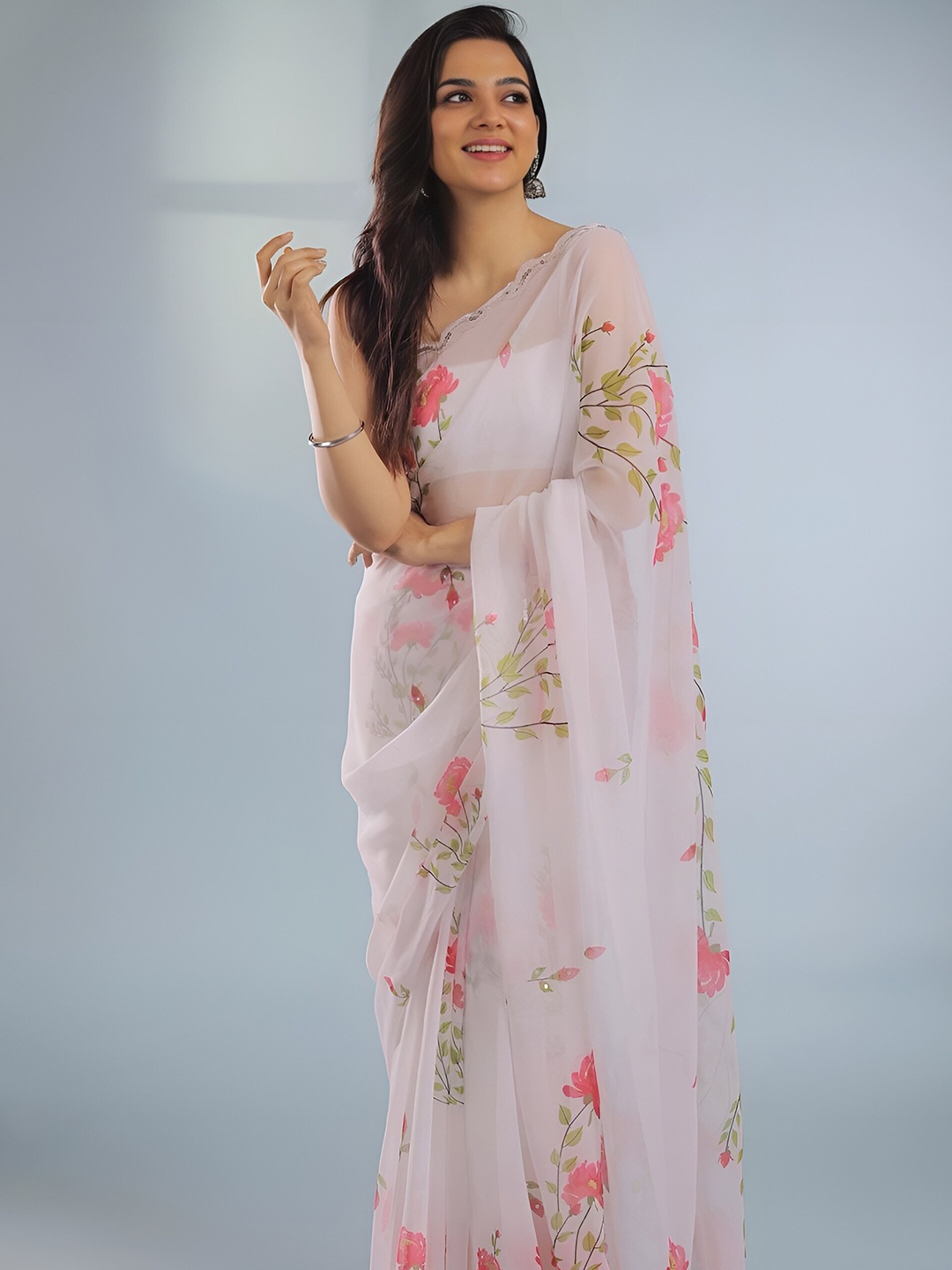 

Anouk White & Pink Floral Printed Saree