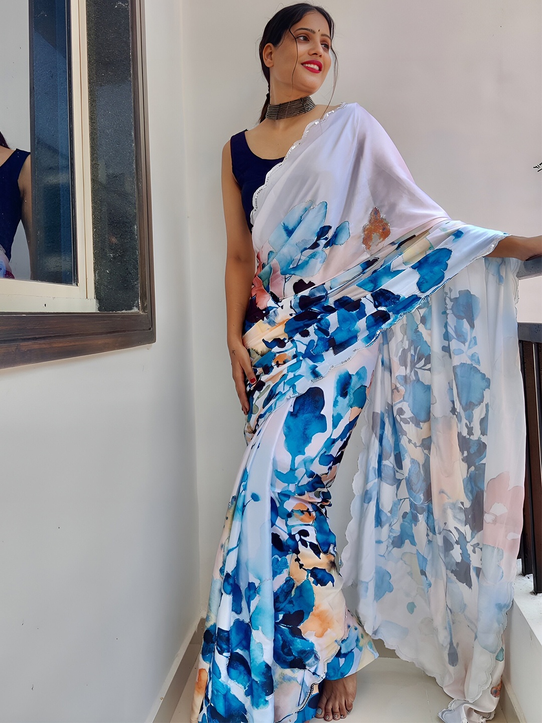 Anouk Floral Printed Satin Saree, Off white