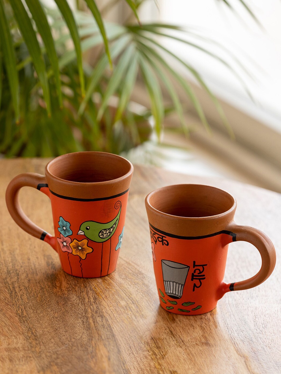 

ExclusiveLane Chai Birdies Orange & Brown 2 Pcs Printed Terracotta Matte Cups - 250ML Each