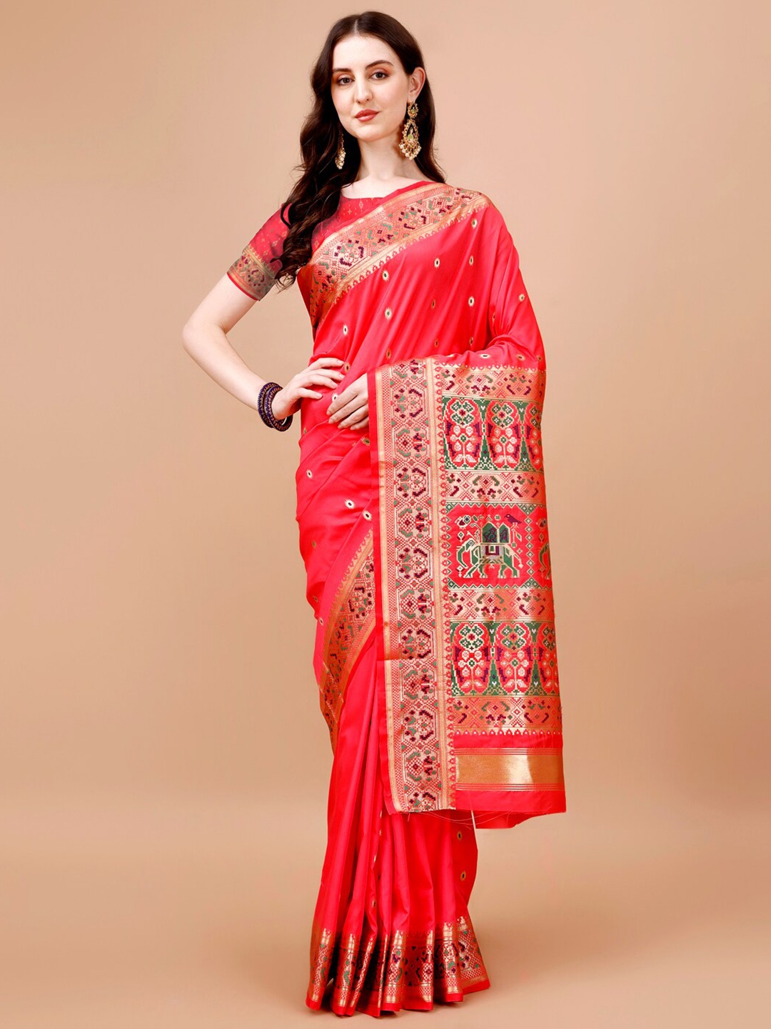 

JUST FASHION Ethnic Motifs Woven Design Zari Detail Patola Saree, Pink