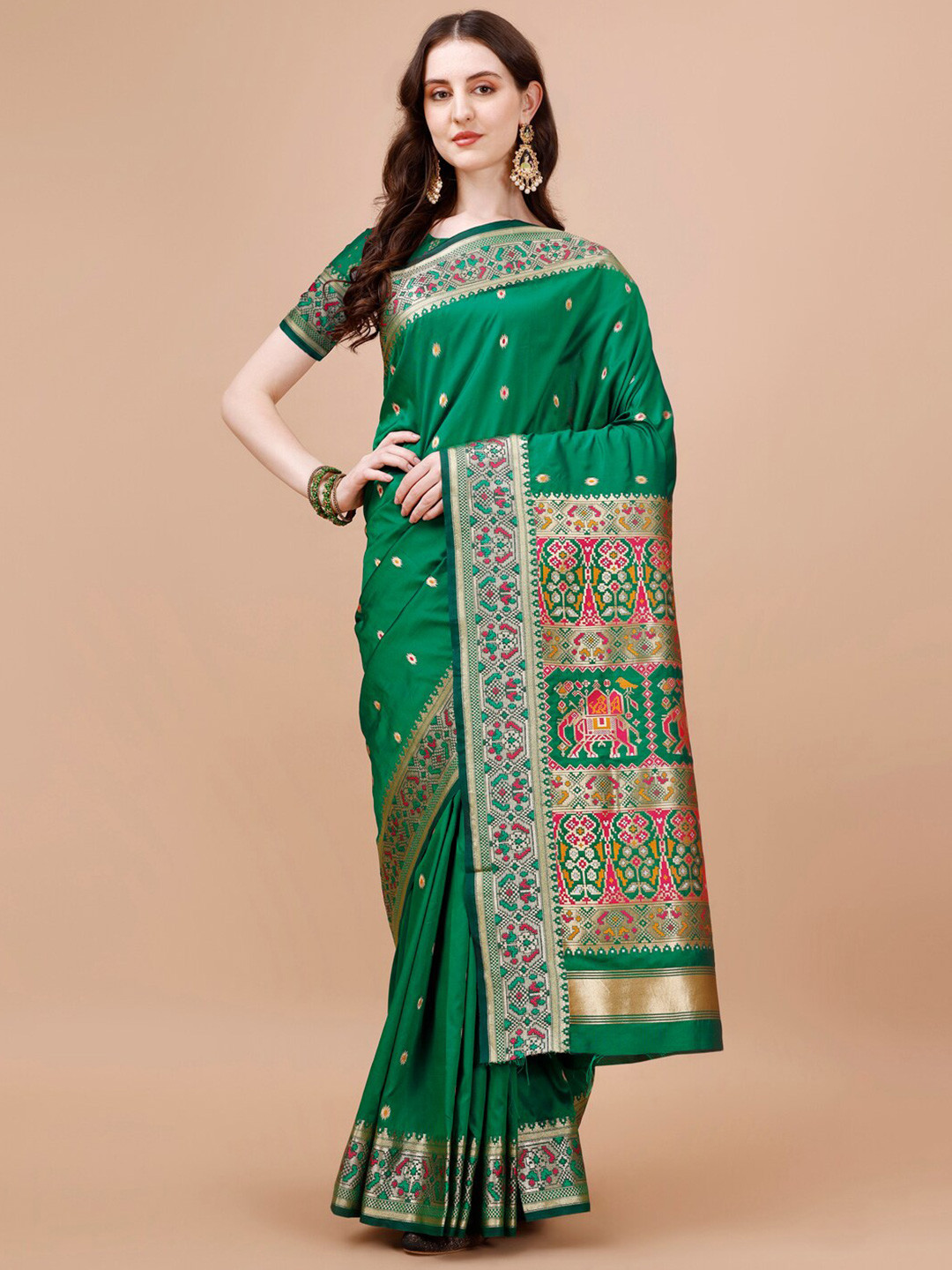

JUST FASHION Ethnic Motifs Woven Design Zari Patola Saree, Green
