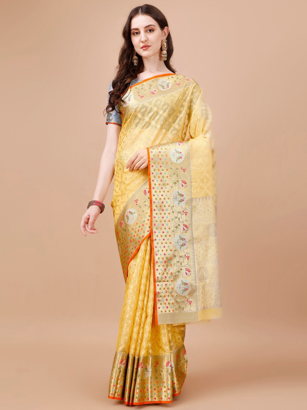 

JUST FASHION Ethnic Motifs Woven Design Zari Art Silk Banarasi Saree, Yellow