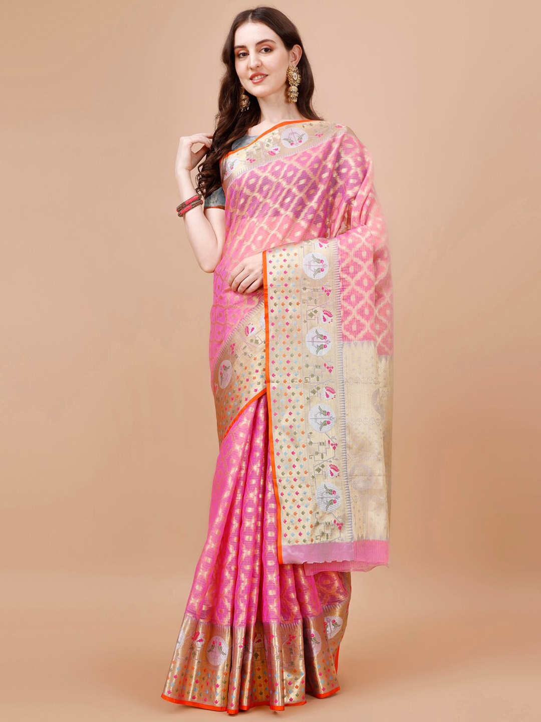 

JUST FASHION Ethnic Motifs Woven Design Zari Art Silk Banarasi Saree, Pink