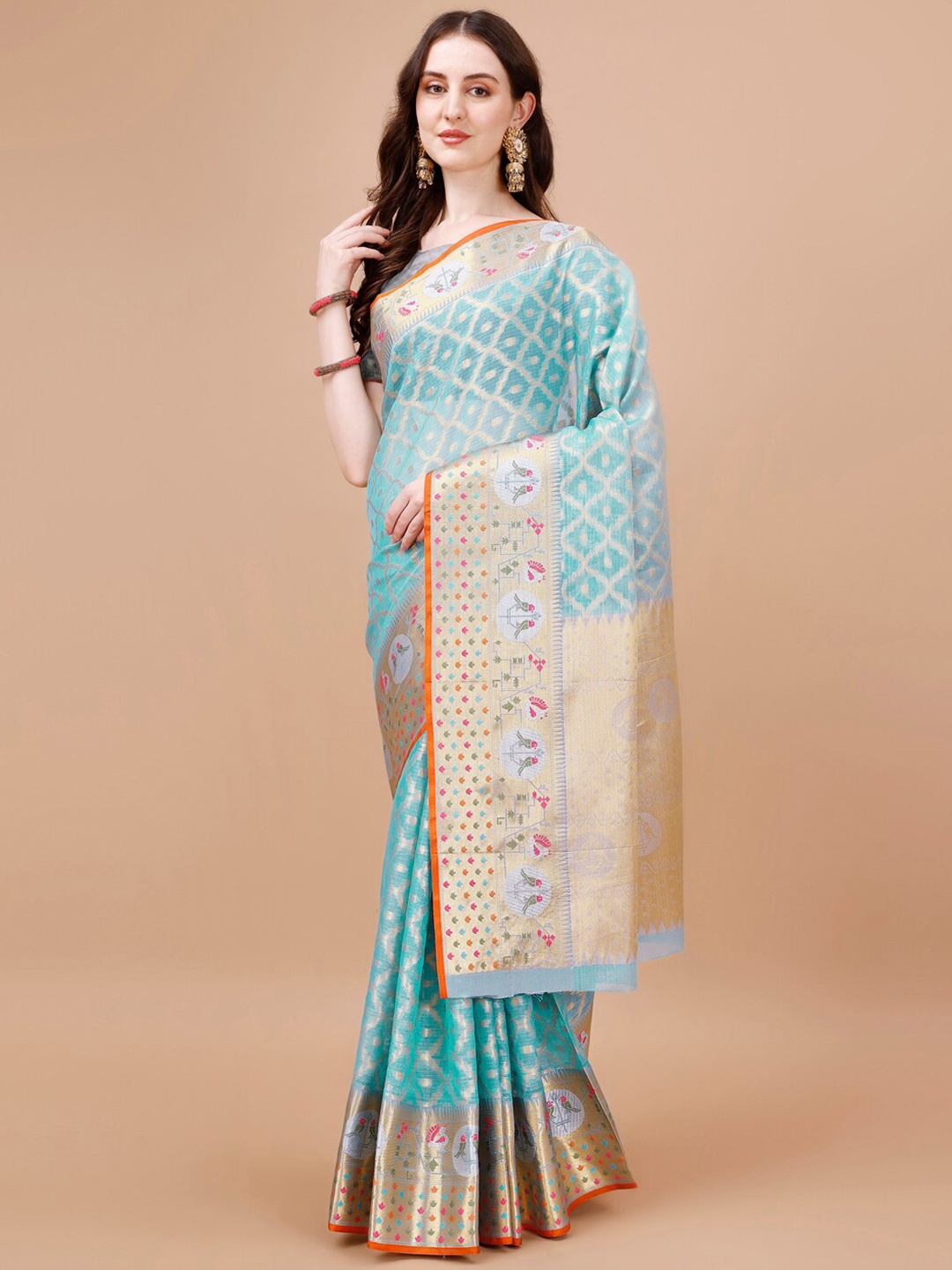 

JUST FASHION Ethnic Motifs Woven Design Zari Kanjeevaram Saree, Blue