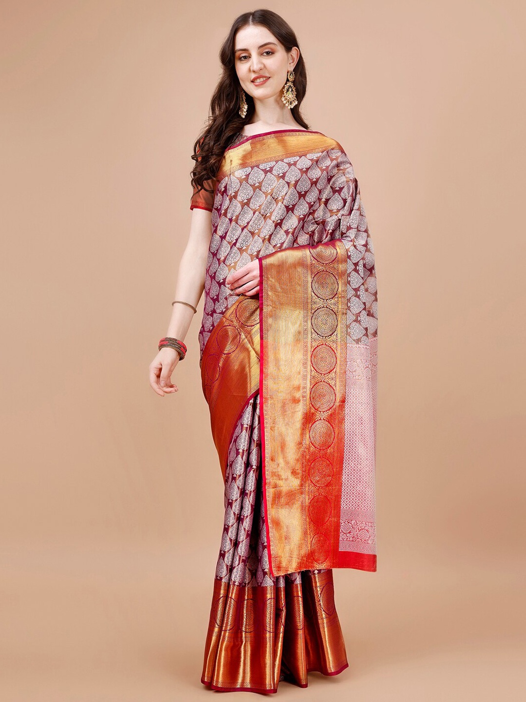 

JUST FASHION Ethnic Motifs Woven Design Zari Kanjeevaram Saree, Magenta