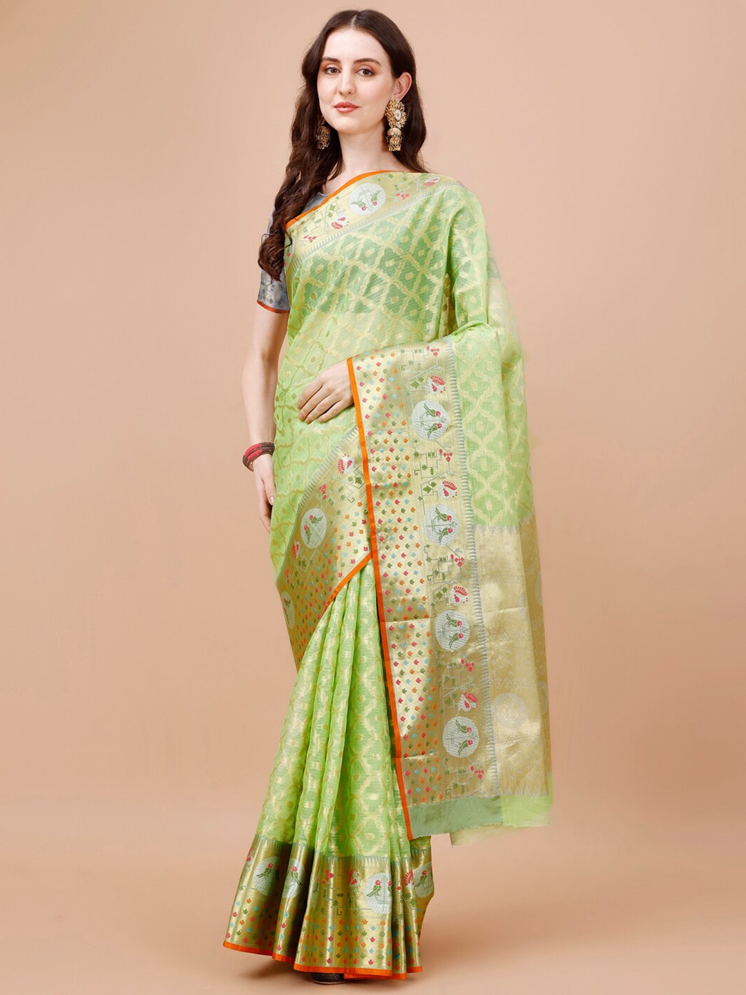 

JUST FASHION Ethnic Motifs Woven Design Zari Art Silk Banarasi Saree, Green