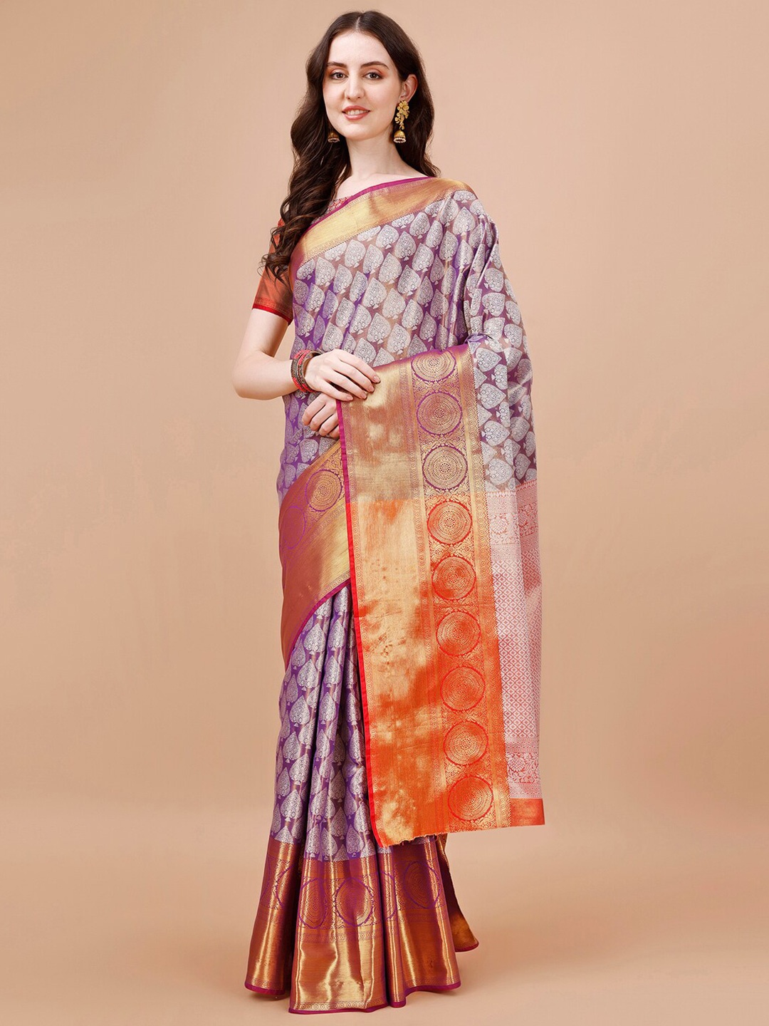 

JUST FASHION Ethnic Motifs Woven Design Zari Kanjeevaram Saree, Purple