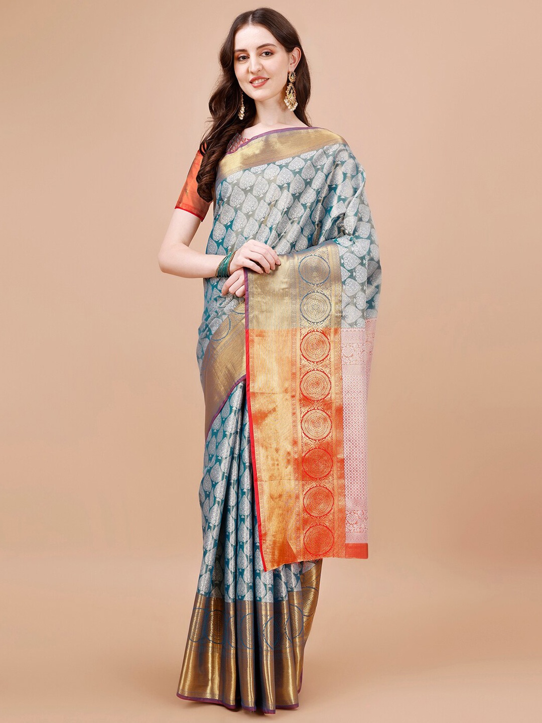 

JUST FASHION Ethnic Motifs Woven Design Zari Kanjeevaram Saree, Blue