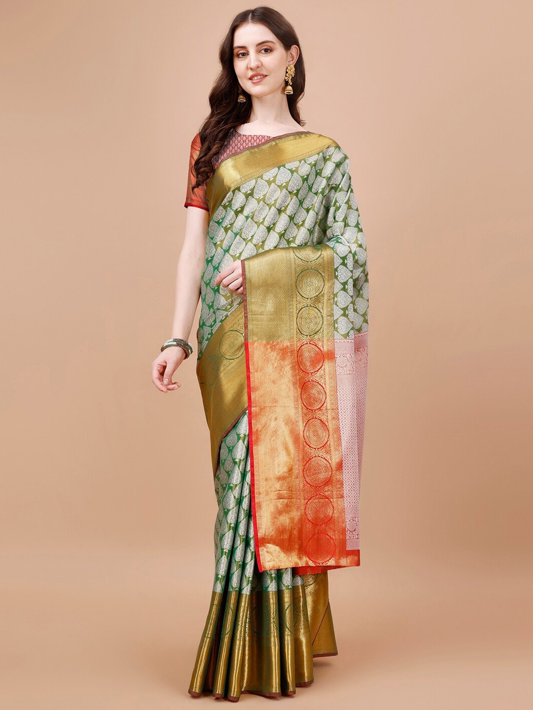 

JUST FASHION Ethnic Motifs Woven Design Zari Detail Kanjeevaram Saree, Green