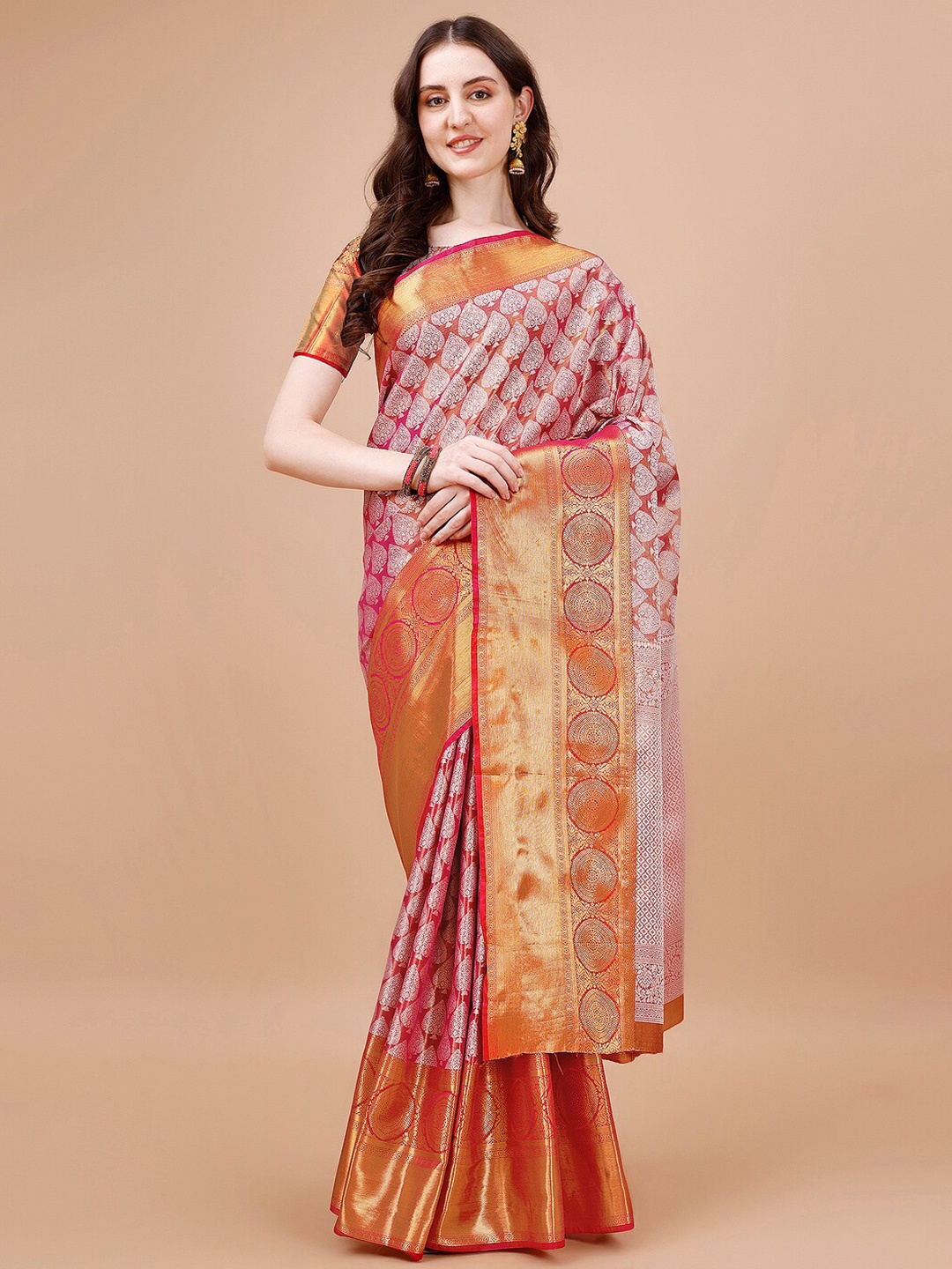 

JUST FASHION Ethnic Motifs Woven Design Zari Detail Kanjeevaram Saree, Pink