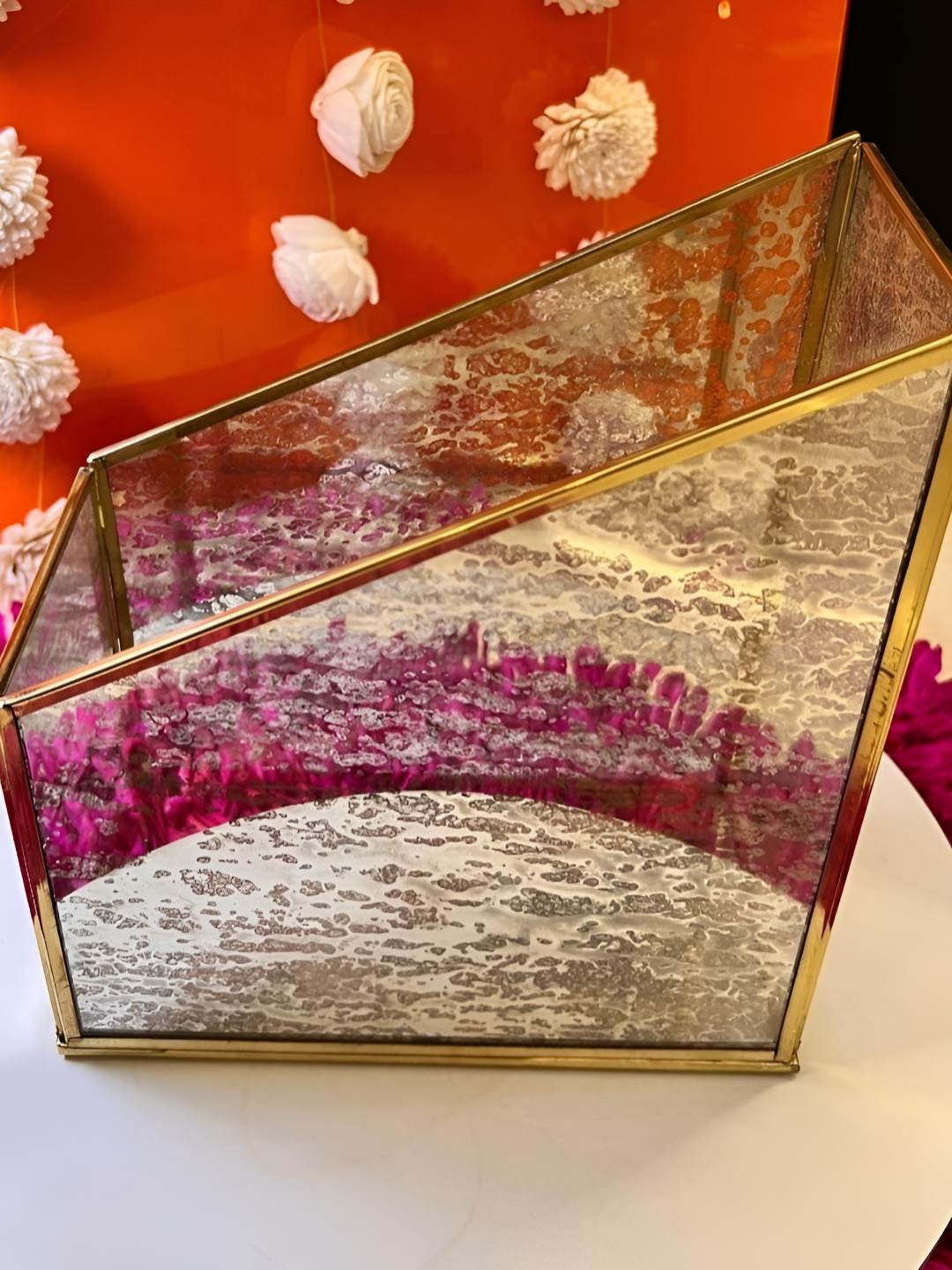 Timaya's Decor Gold Toned Brass and Glass Small Magazine Holder Showpiece