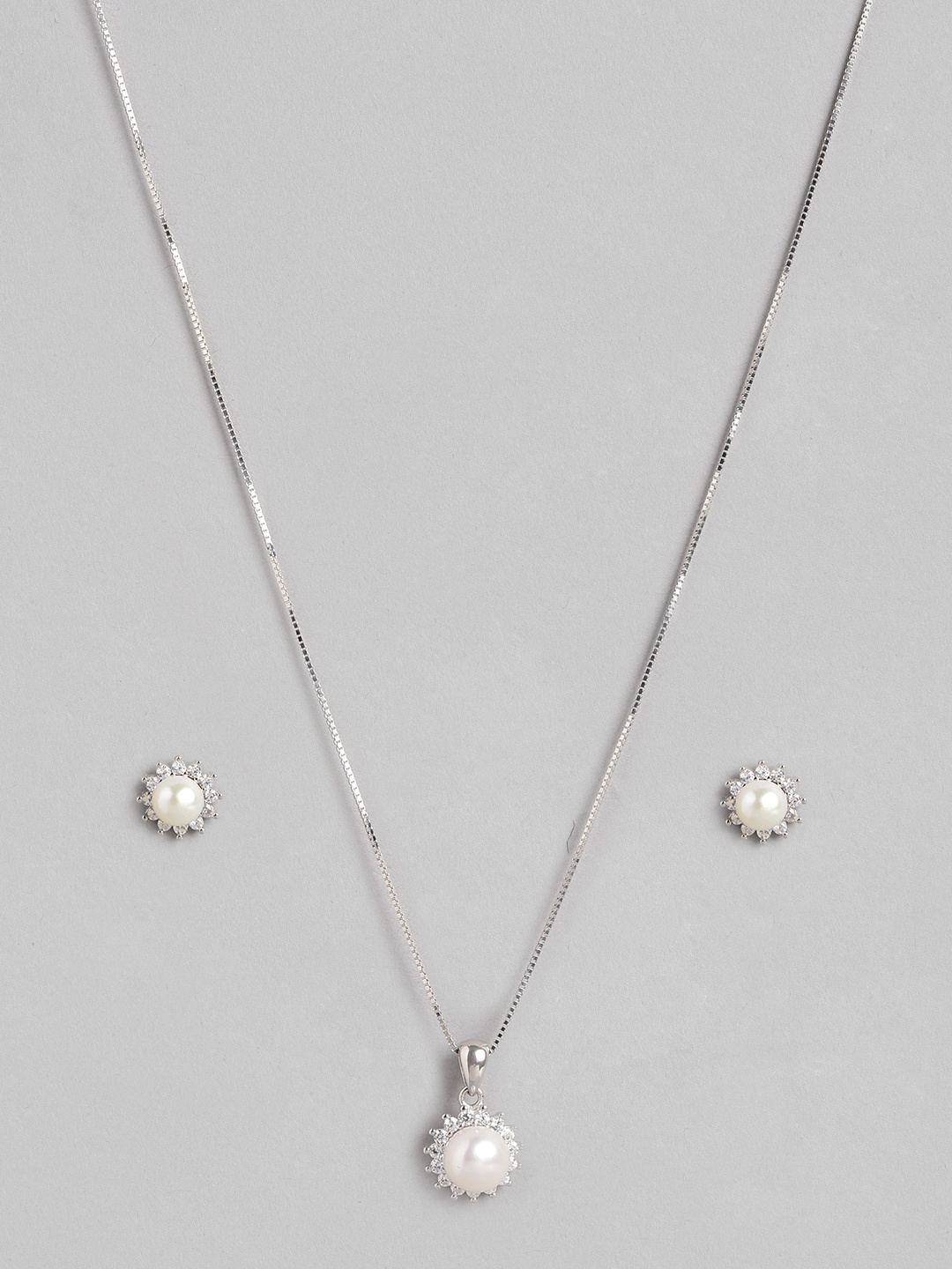 

Zavya Women Rhodium-Plated Pearl & CZ Studded Necklace with Earrings, Silver
