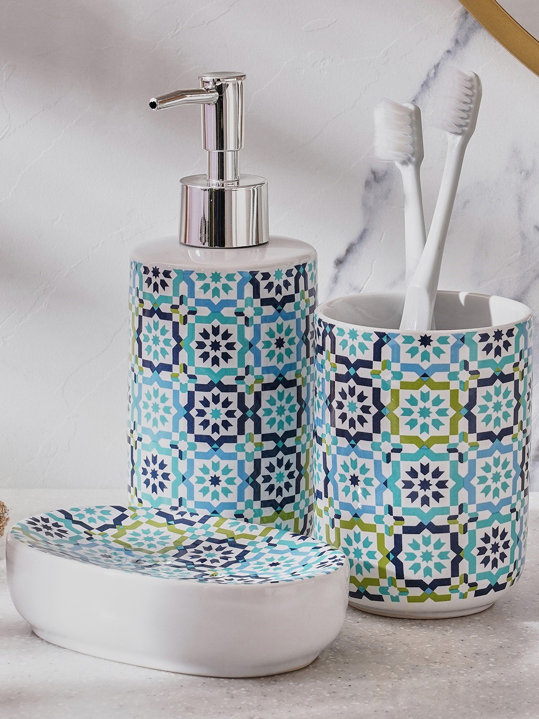 

Home Centre Petrichor Omega 3 Pieces Blue & White Printed Ceramic Bathroom Accessory Set