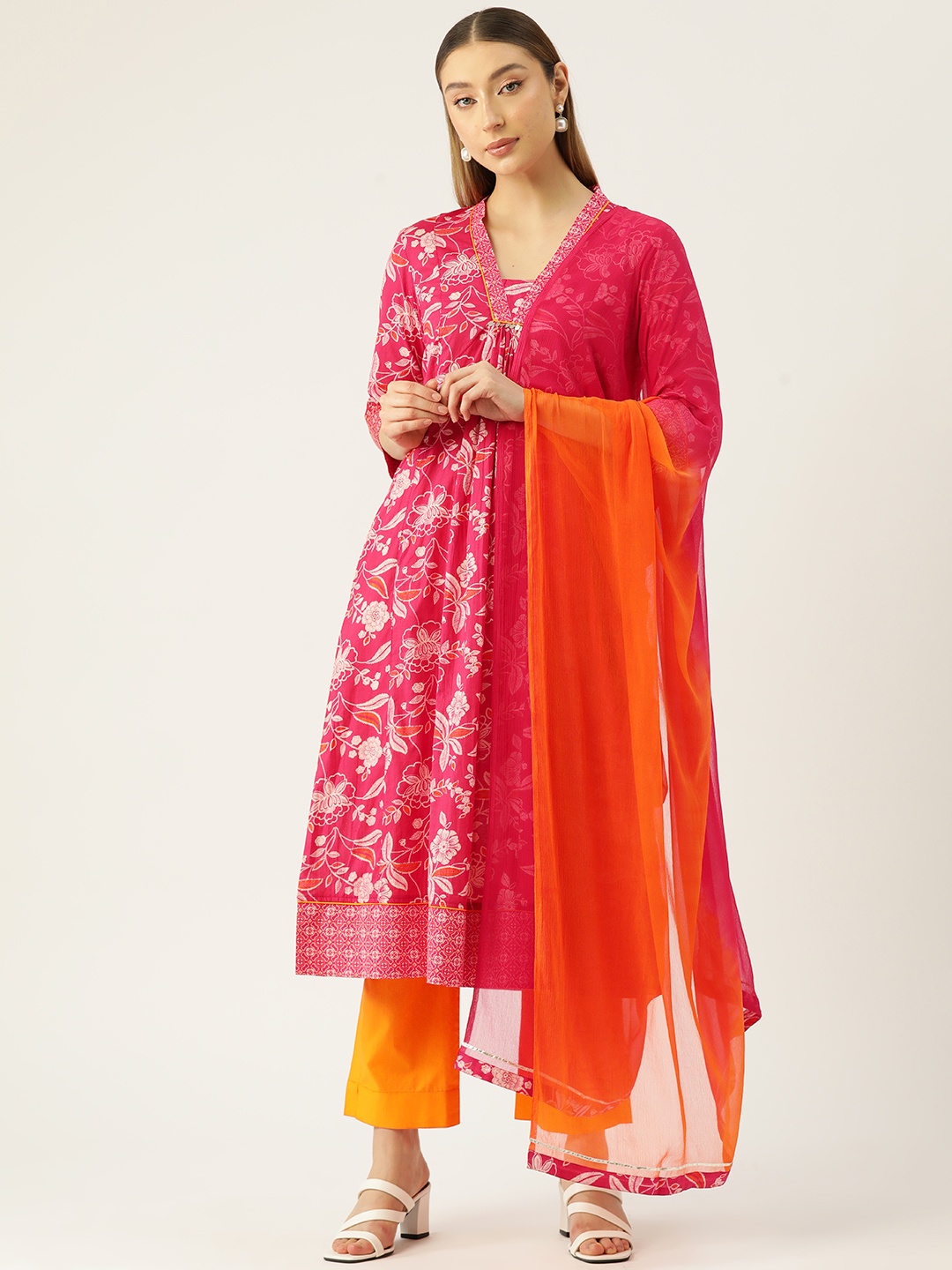 

Jaipur Morni Floral Printed Sequinned Pure Cotton Kurta with Trousers & Dupatta, Pink
