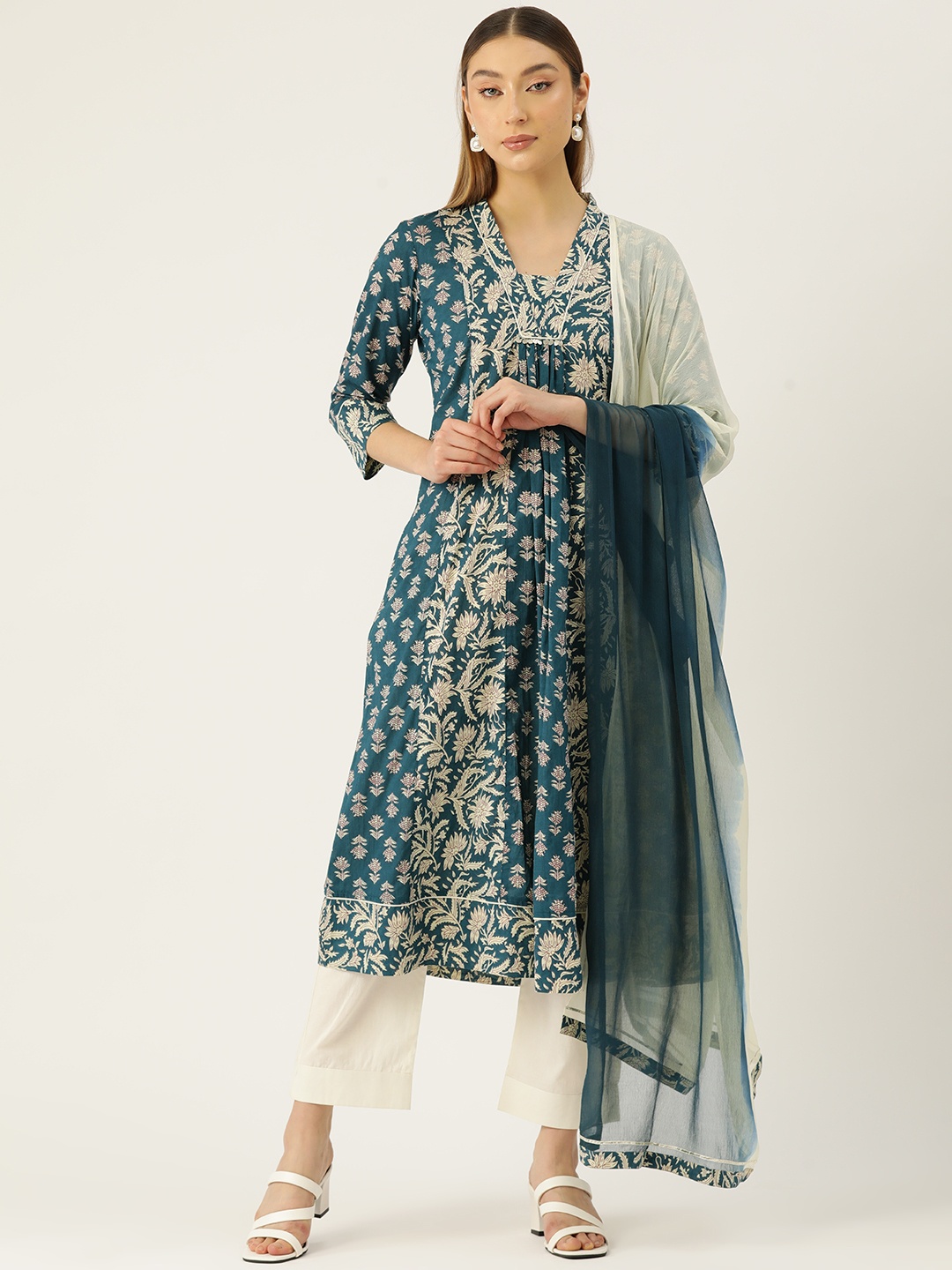 

Jaipur Morni Floral Printed Regular Sequinned Pure Cotton Kurta with Trousers & Dupatta, Teal