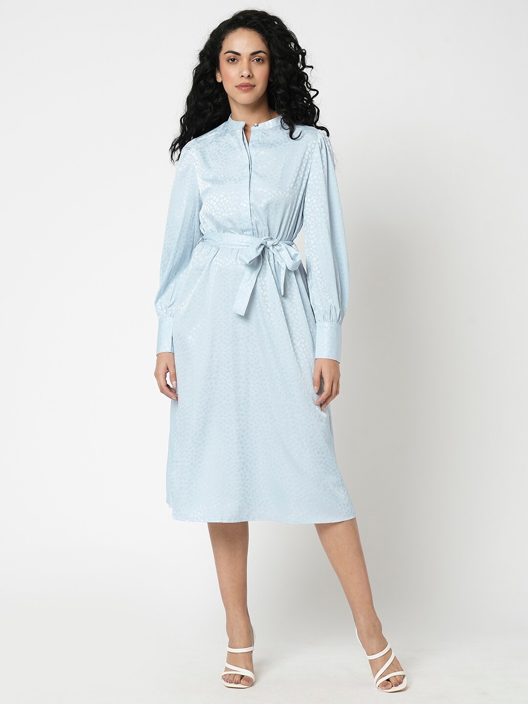 

Vero Moda Printed Cuffed Sleeves Shirt Style Midi Dress, Blue